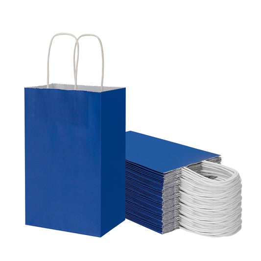 50 Pack 5.25x3.25x8.25 Inch Small Royal Blue Kraft Paper Bags with Handles Bulk, Toovip Gift Wrap Bags for Favors Grocery Retail Party Birthday Shopping Business Goody Craft Merchandise Take Out Sacks