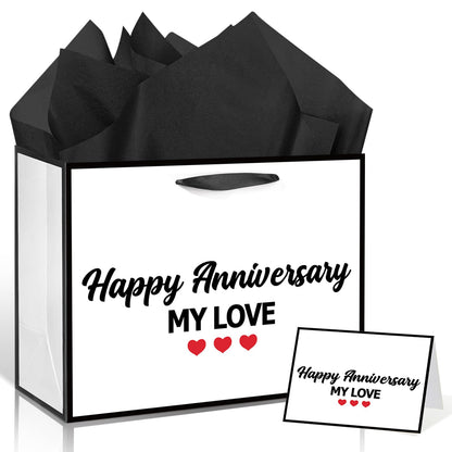 Happy Anniversary My Love Gift Bag Wedding Anniversary White Gift Bags with Wrapping Paper and Card Romantic Milestone Anniversary Celebration Party Favor Bag Decorations Goodie Supplies for Husband Wife Couples Him Her