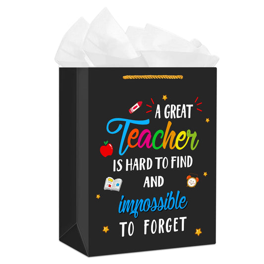 D24TIME Teacher Appreciation Gift Bags with Tissue Paper Black Teacher Gift Bag with Handle End of Year Teacher Retirement Gift Teachers Appreciation Day Graduation Teacher Gift Wrap Bags from Student