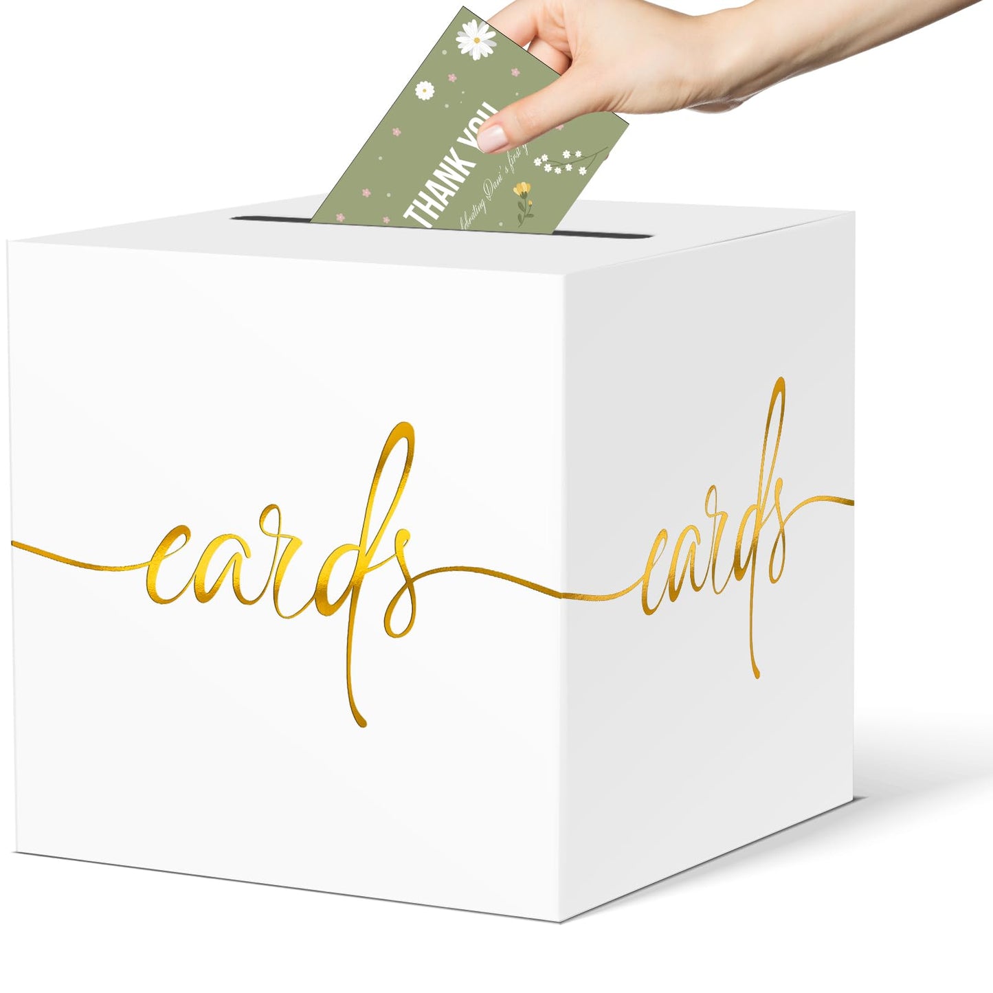 White Card Box with Gold Foil Design, Paperboard 8.7" Card Box for Birthday Wedding Party Graduation Retirement Anniversary Valentine's Day & Baby Showers, Raffle or Money Box