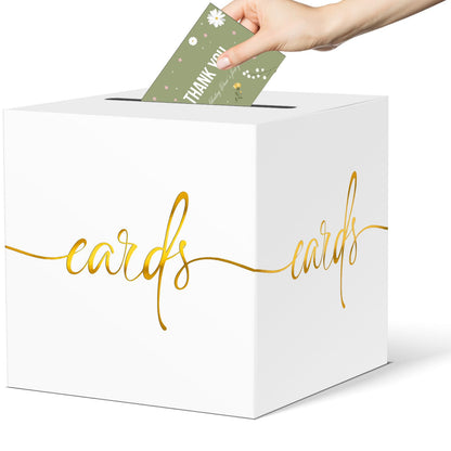 White Card Box with Gold Foil Design, Paperboard 8.7" Card Box for Birthday Wedding Party Graduation Retirement Anniversary Valentine's Day & Baby Showers, Raffle or Money Box