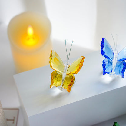 H&D Crystal Flying Butterfly with Crystal Ball Base Figurine Collection Cut Glass Ornament Statue Animal Collectible (Yellow)