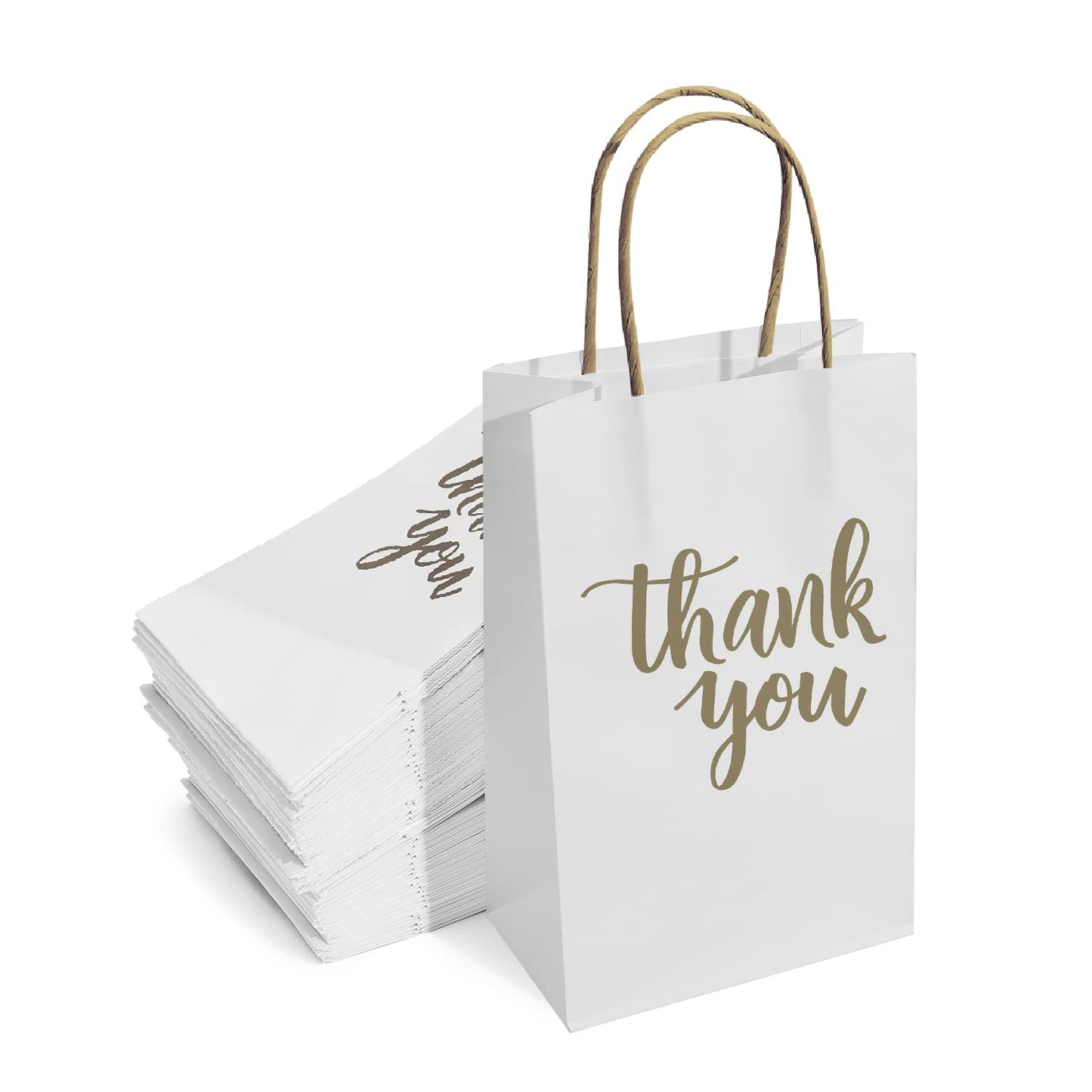 DjinnGlory 100 Pack Small Sized White Thank You Paper Kraft Gift Bags with Handles 9x5.5x3.15 Inch for Business Graduation Birthday Wedding Bridal Baby Shower Party Favors Goodies