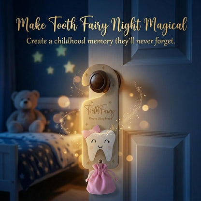 PAMBO Tooth Fairy Door Hanger, Wooden Tooth Fairy Money Holder with Tooth Coins for Lost Tooth Kids Gifts (Pink)