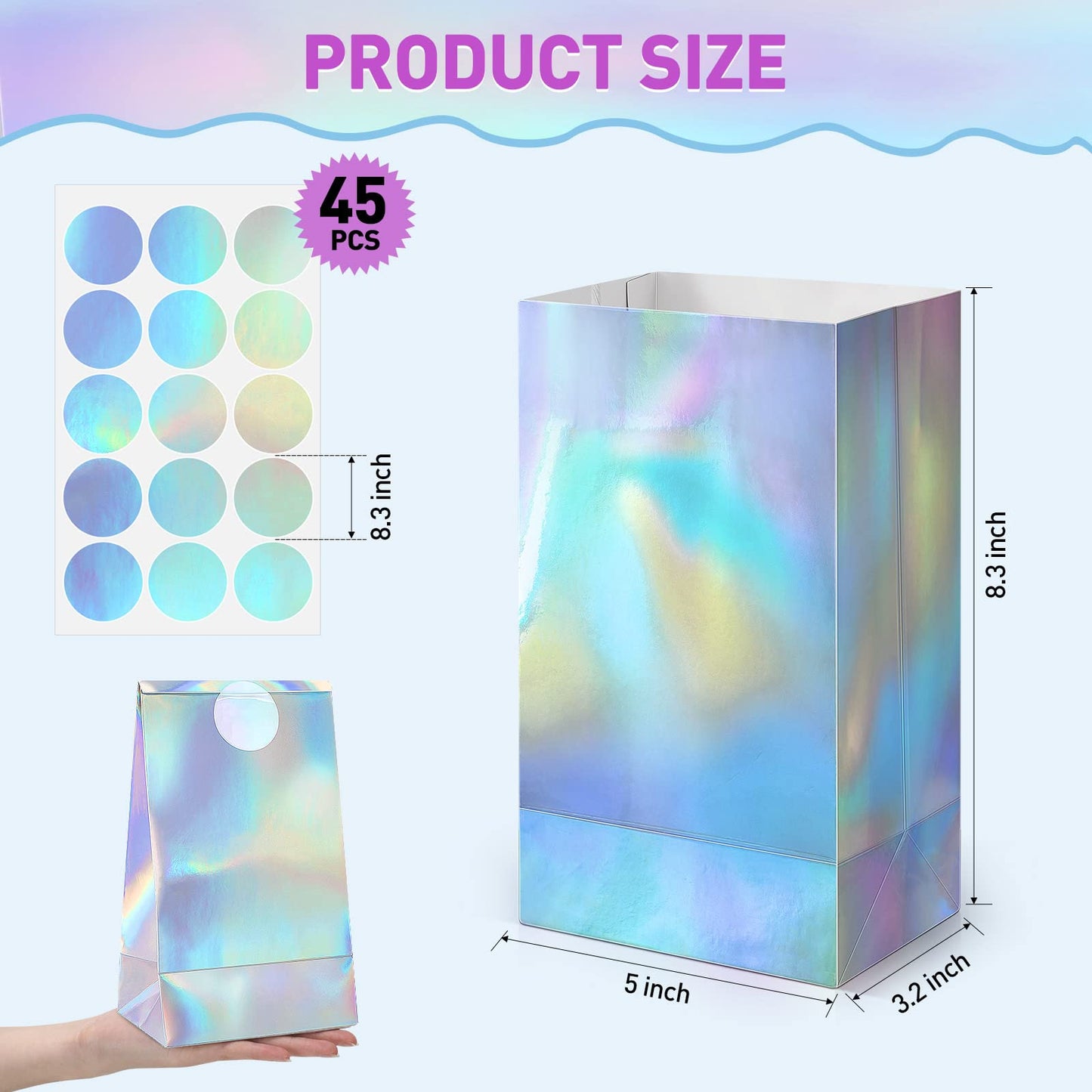 Estune 30 Pcs Iridescent Party Favor Bags with Stickers Holographic Paper Gift Bags 8. 3 x 5 x 3 Inch Reusable Glitter Foil Goodie Candy Handbag for Baby Shower Wedding Birthday Party Supplies