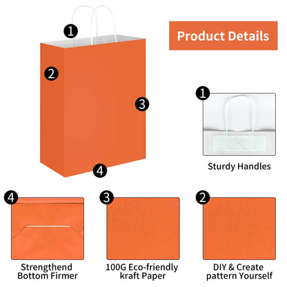 Oikss 50 Pack 10x5x13 Orange Kraft Paper Bags with Handles Bulk for Birthday Party Favors Grocery Retail Shopping Business Goody Recycled Craft Gift Bags (Large Size, 50 Count)