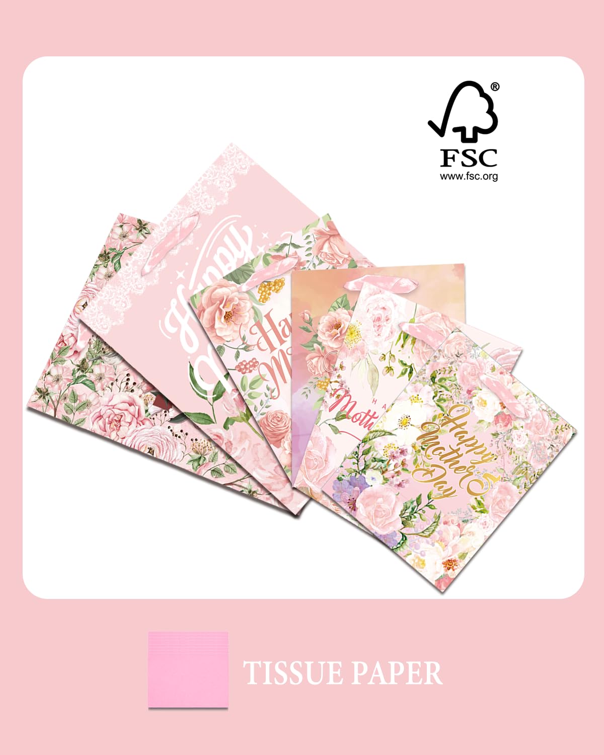 qiqee Pink Assorted Mother's Day Paper Bags with Tissue Paper 6PCS Cardboard Gift Bags for Women Mom Grandma Party Supply (4 PCS Medium Size+2 PCS Large Size+ Tissue Paper)