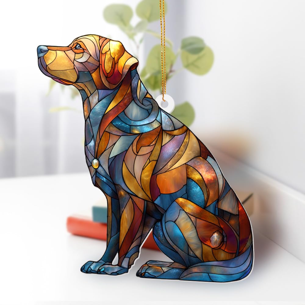 Acrylic Stained Glass Style Dog Ornament – Labrador Retriever Window Hanging Suncatcher, Pet Memorial Keepsake for Dog Lovers, Christmas Tree Decoration, Animal Decor Gift(Sun-07)