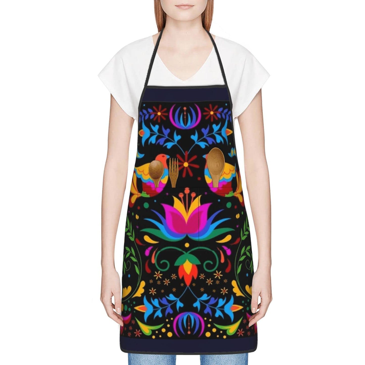 Mexican Floral Aprons, Waterproof Adjustable Apron for Kitchen Bbq with 2 Pockets, Gifts for Women Men