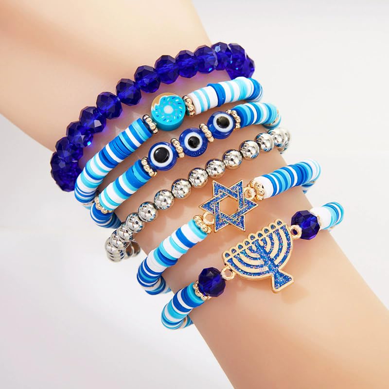 Hanukkah Bracelets Menorah Dove Star of David Evil Eye Clay Beaded Stretch Bracelets Layering Blue White Heishi Beaded Friendship Stackable Bangles for Women Men Jewish Hanukkah Holiday Jewelry