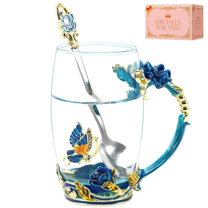 Birthday Gifts For Women,Butterfly Flower Glass Tea Cup Sky Blue Rose Coffee Mug Gift For Women Mom Wife Sister Coworker Female Friend on Christmas Anniversary Valentines Mothers Day Presents