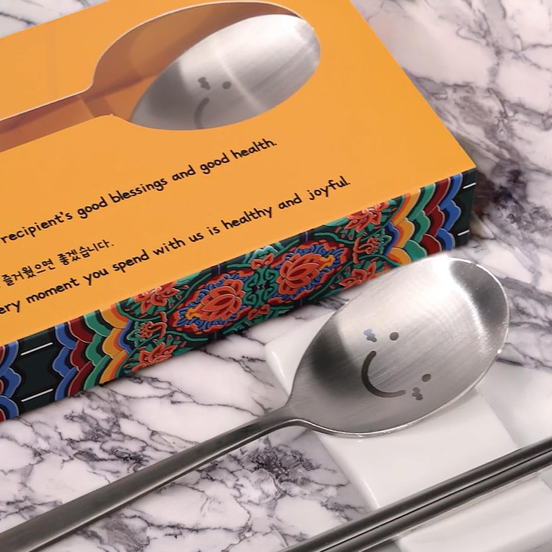 Korean Smiling Spoon and Chopsticks Set, Hangul Engraved Stainless Steel Tableware, Gift Ready Palace Inspired Box
