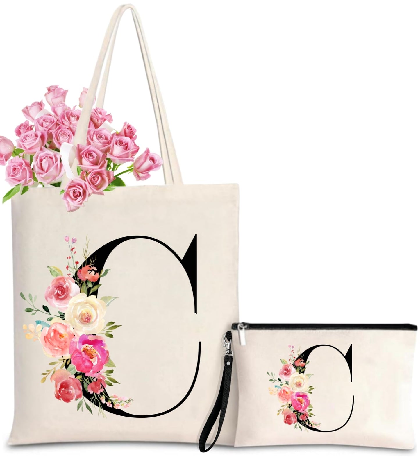Initial Canvas Tote Bag for Women, Personalized Monogrammed Tote Bags with Makeup Gift Bag for Wedding Bridesmaids Birthday