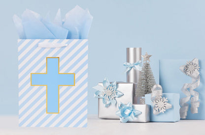 Lyforpyton13"Blue Cross Baptismal Gift Bag with Tissue Paper and Card, Suitable for Baptism, First Communion in Religion
