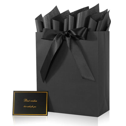 Elegant Black Gift Bag 10.2"x4.7"x12.2" with Ribbons Handles, Includes Card and Tissue Papers for Weddings, Birthdays, Baby Shower, Parties, Holidays