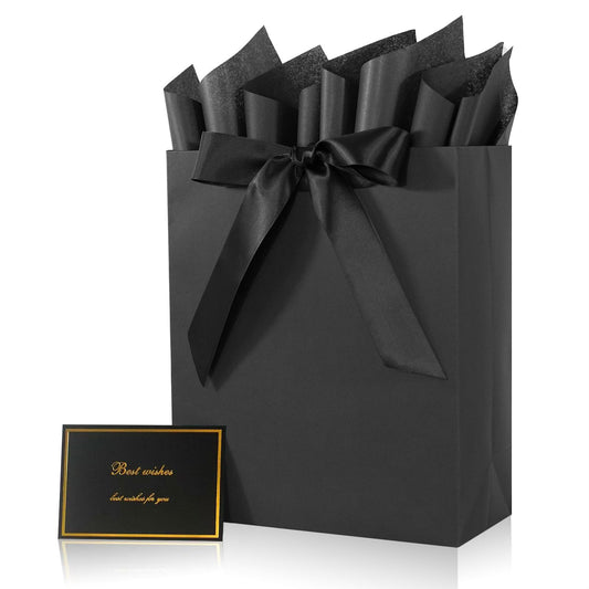 Elegant Black Gift Bag 10.2"x4.7"x12.2" with Ribbons Handles, Includes Card and Tissue Papers for Weddings, Birthdays, Baby Shower, Parties, Holidays