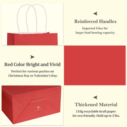 BagDream 5.25x3x8 Inch 100Pcs Small Gift Bags with Handles Red Kraft Paper Bags Bulk for Christmas, Wedding, Party Favors, Business, Retail, Grocery Paper Sacks