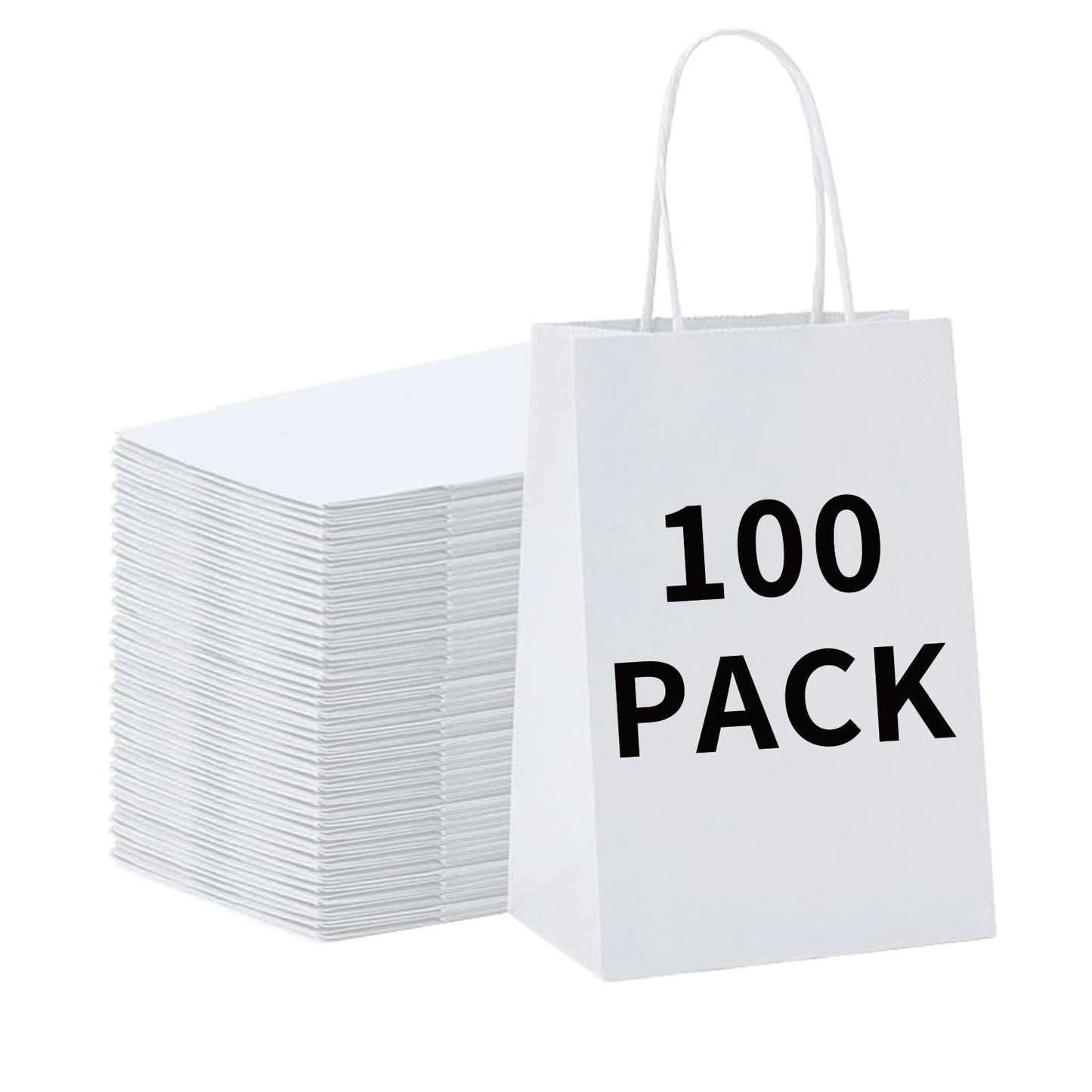 BAG BOX 100 Pack 5.9x3.1x8.25 Inch White Gift Bags with Handles,Bulk Kraft Paper Bags for Shopping, Retail, Merchandise, Wedding, Party Favors, Paper Grocery Sacks