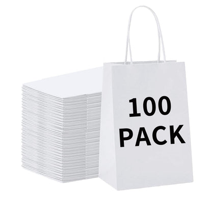 BAG BOX 100 Pack 5.9x3.1x8.25 Inch White Gift Bags with Handles,Bulk Kraft Paper Bags for Shopping, Retail, Merchandise, Wedding, Party Favors, Paper Grocery Sacks