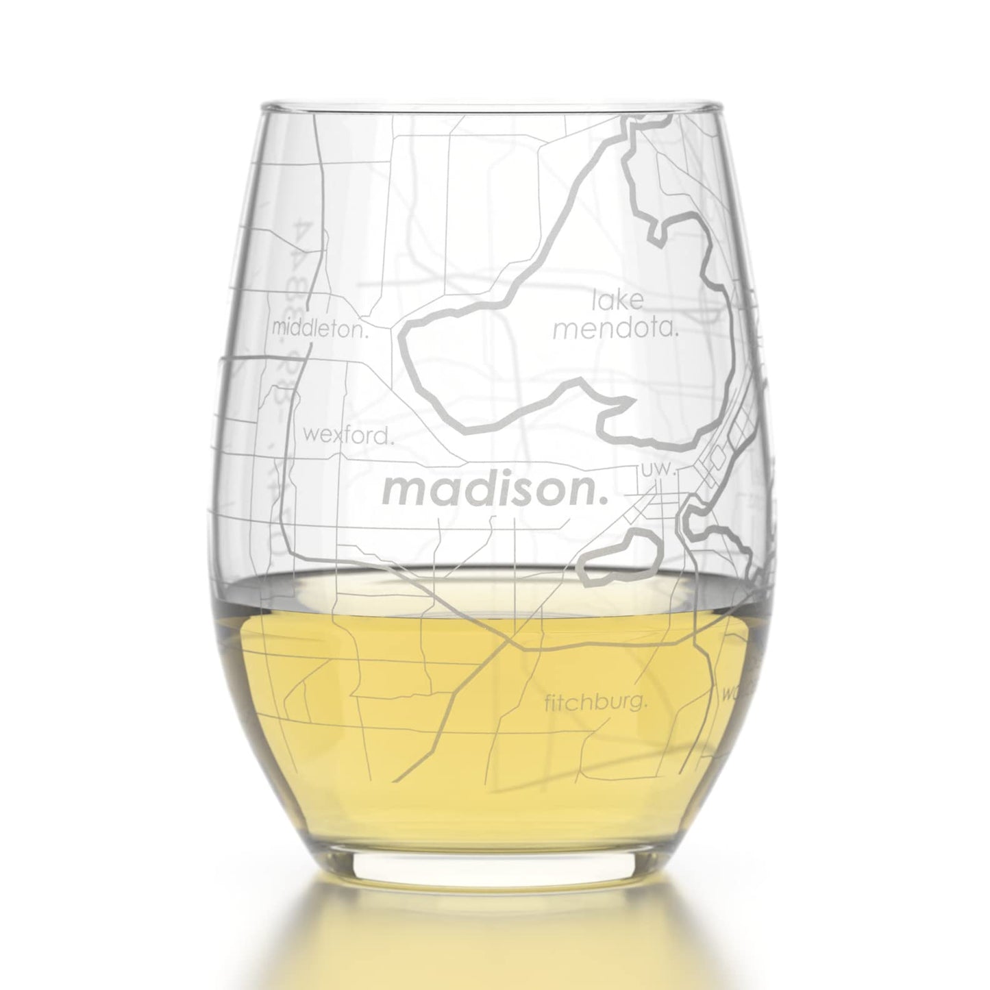 Well Told Engraved Madison Wisconsin Map Stemless Wine Glass, Etched Glass (15 oz, Clear) City Custom Gifts for Lovers