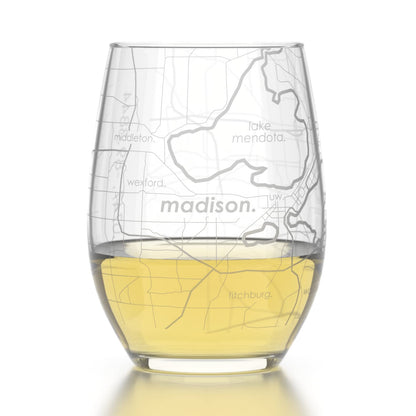 Well Told Engraved Madison Wisconsin Map Stemless Wine Glass, Etched Glass (15 oz, Clear) City Custom Gifts for Lovers