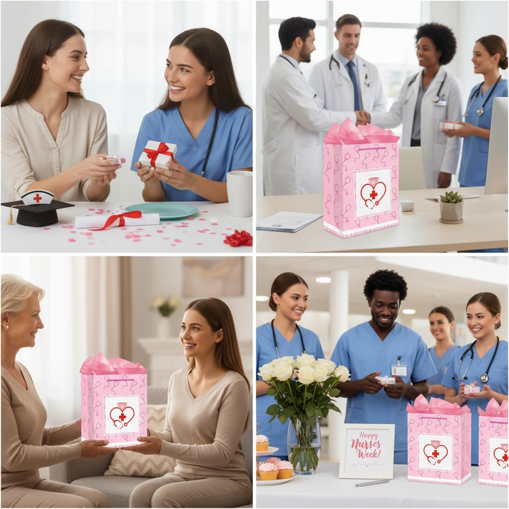 D4DREAM Nurse Graduation Gift Bag - 13" Large Pink Nurse Gift Bag with Tissue Paper for Women Doctor Nursing School Grads Medical School Graduates Perfect for Nurse Week Celebrations