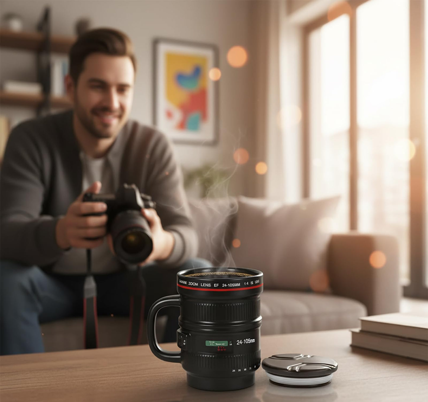 WENSSY Camera Lens Mug Large 16OZ, Ceramic Camera Lens Mug with Lid and Handle, Cool Photography Gifts for Photographers Christmas