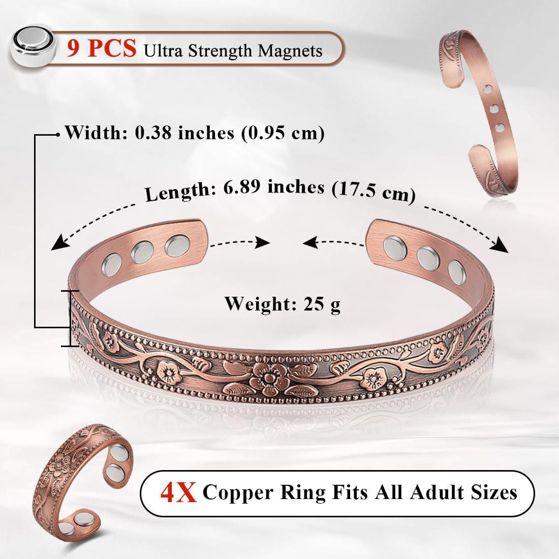 Vicmag Copper Magnetic Bracelet for Women Ultra Strength Magnetic Bracelets 99.9% Pure Copper Strong Magnets Gift Adjustable