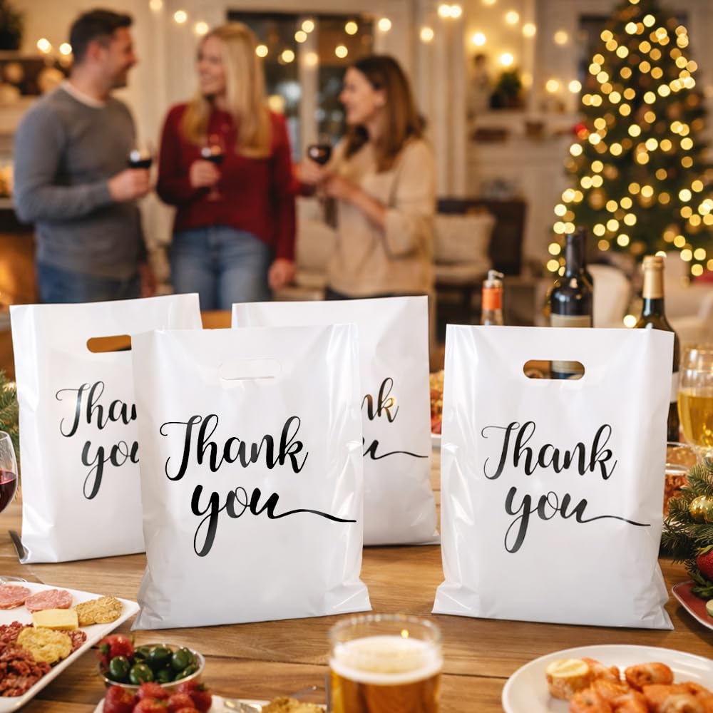 Thank You Bags 100 Pcs Thank You Gift Bags Merchandise Bag Extra Thick Reusable White Plastic Shopping Bag with Handles for Small Business Retail Boutique Wedding Birthday Party Gifts 9 x 12 Inch