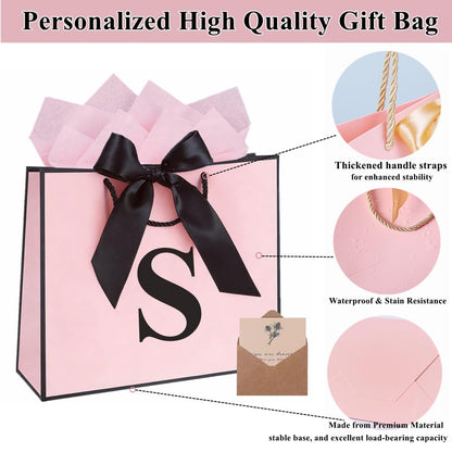 Topaliving Personalized Gift Bag with Card and Tissue Paper, 26 Letters Birthday Gift Bag 13''Custom Valentines Weddings Present with Initials/Numbers for Women Men Kids (Blue,J)