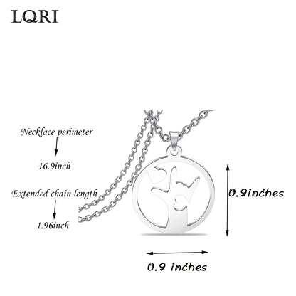 LQRI ASL American Sign Language Jewelry I Love You Hand Sign Language Round Necklace ASL Jewelry Interpreter Teacher gift