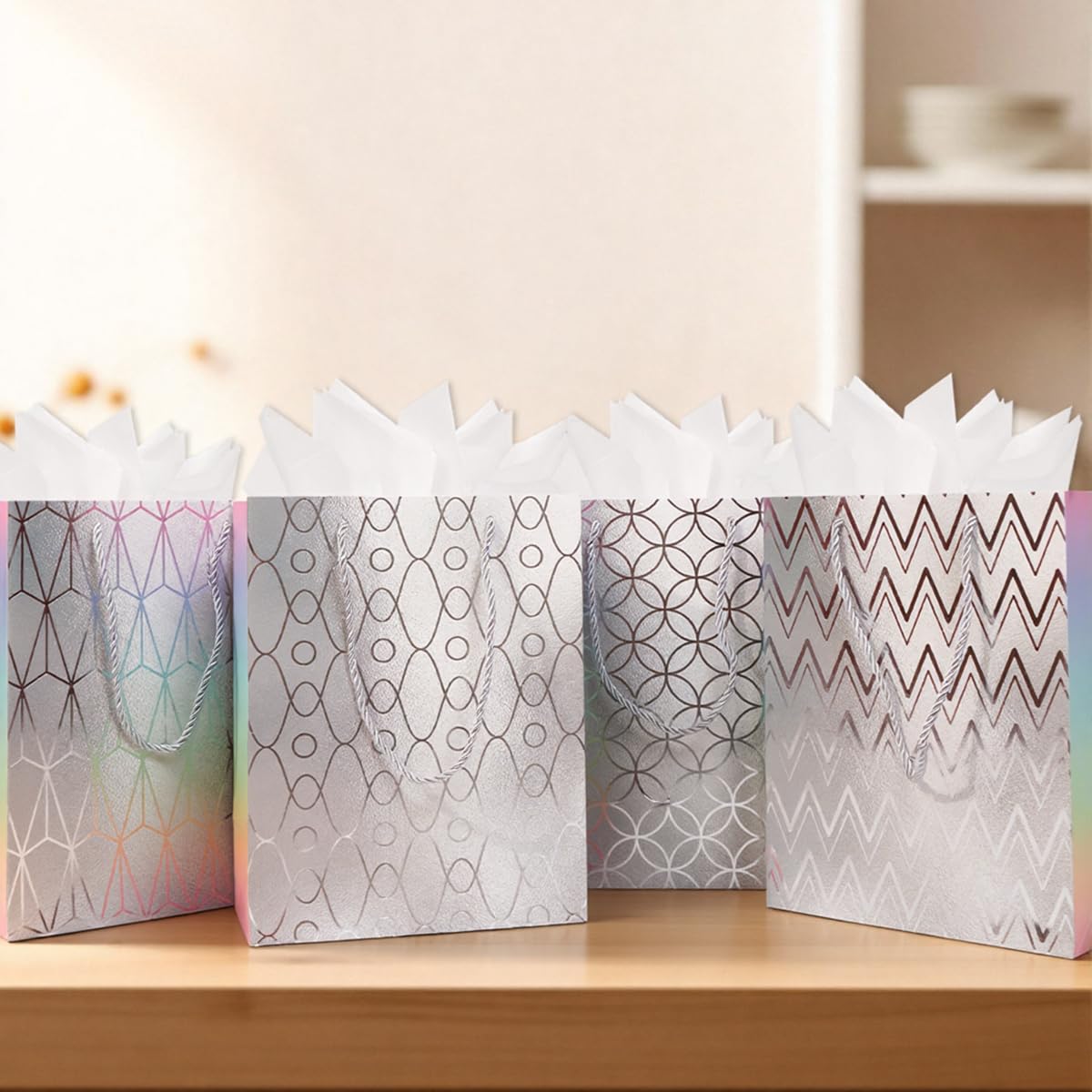 ZJHiome Gift Bag for Presents 4 Pack 9'' Sliver Medium Size Bag with Tissue Paper Marble Pattern Gift Bag with Handle for Christmas Shopping Birthday Wedding Party (Silver)