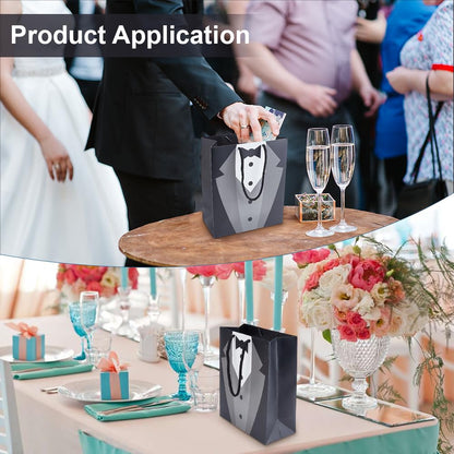 BENECREAT 12 Pack Tuxedo Gift Bags, 9.1x7.4x3.5inch Black White Paper Gift Bags with Handle for Groomsman, Bachelor Party Favors, Wedding
