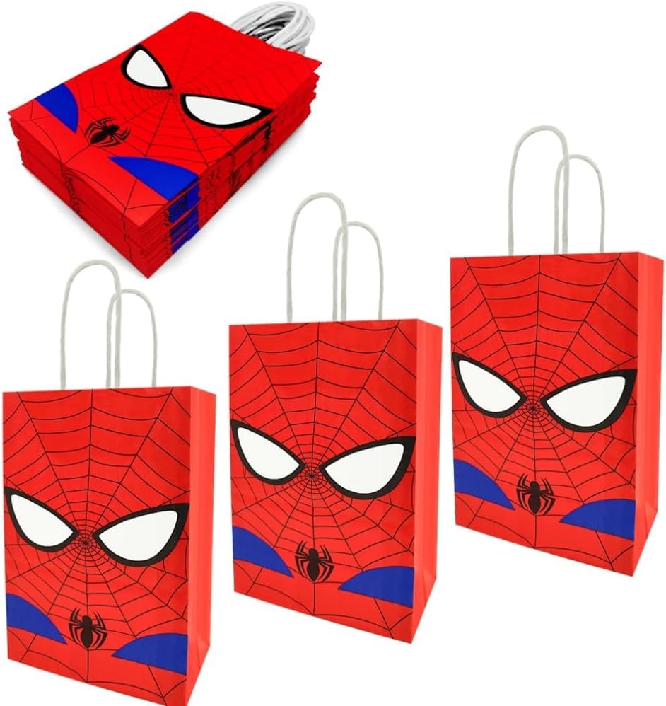 12 PCS of spidey-themed party gift bags. Made of kraft paper and equipped with handles, they are perfect for holding candies, snacks, etc. They are suitable for various festivals and birthday parties.