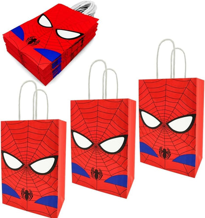12 PCS of spidey-themed party gift bags. Made of kraft paper and equipped with handles, they are perfect for holding candies, snacks, etc. They are suitable for various festivals and birthday parties.