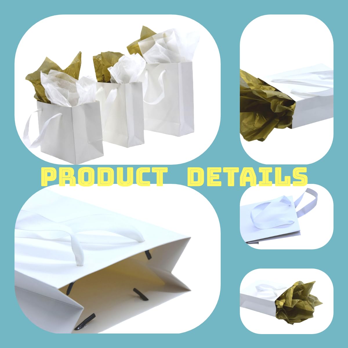 JUNESHE 4 Pack Small White Gift Bags with Tissue Paper,6.3 inch Mini Tiny Little Paper Bag for Birthday Party Favors Baby Bridal Shower Shopping Presents Wedding