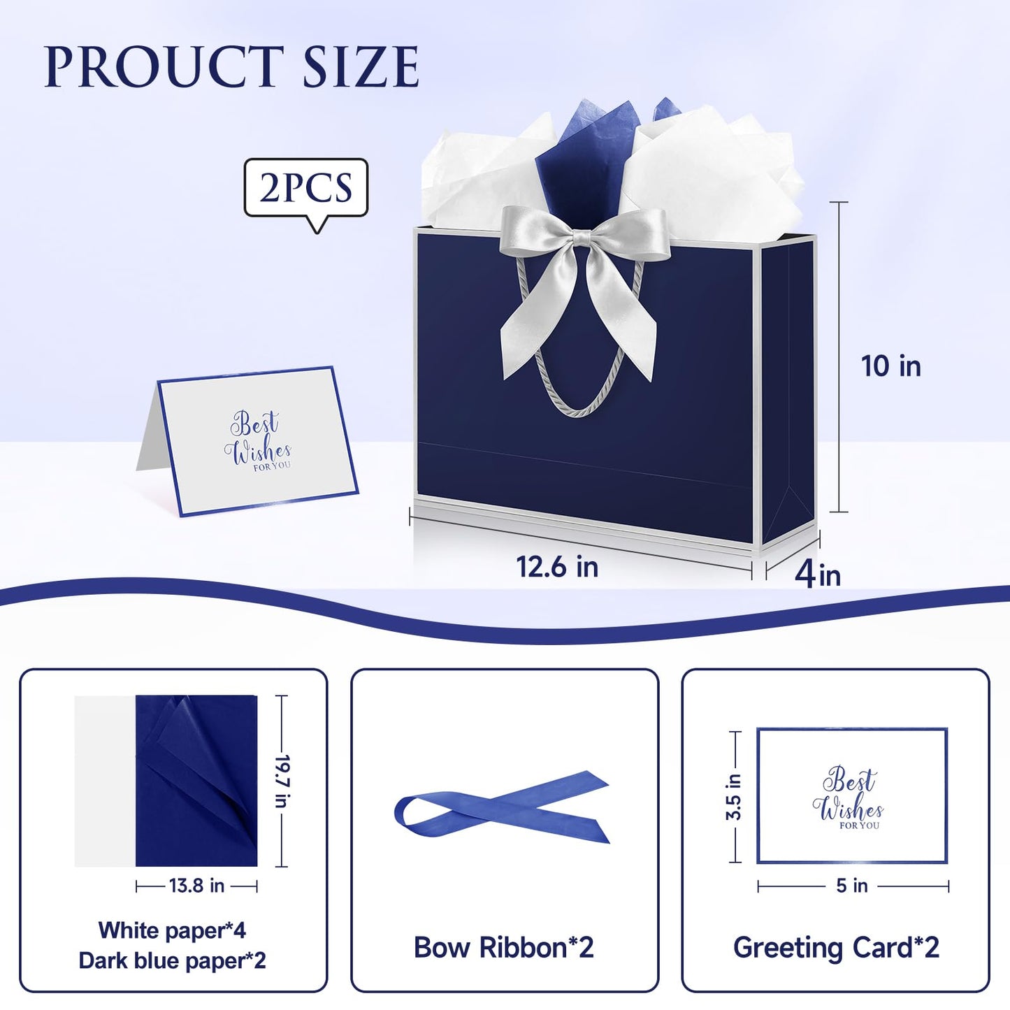 Ethhqu Fancy Large Gift Bags with Handles, 2 Pack 12.6x10x4 Inches - Includes Tissue Paper & Cards for Birthday, Valentine's Day, Baby Shower, Wedding, Anniversary & Holiday Gifts (Blue and Silver)