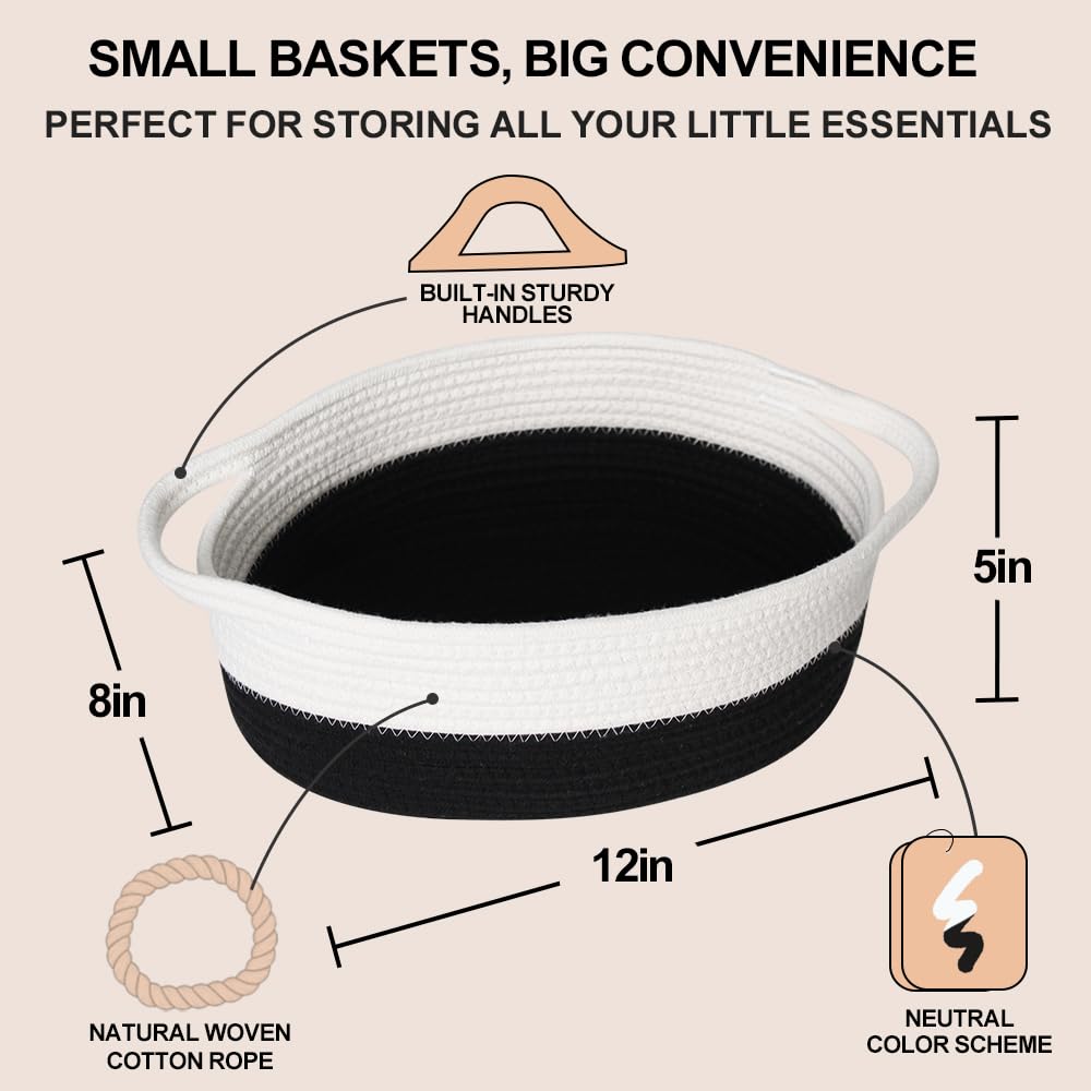 Woven Cotton Rope Gift Basket, Small Baskets for Gifts Empty, Cute Baby Nursery Basket, Pet Toy Storage Bin for Dog Cat, Decorative Wicker Home Organizer with Handles, 12"x 8"x 5", Black