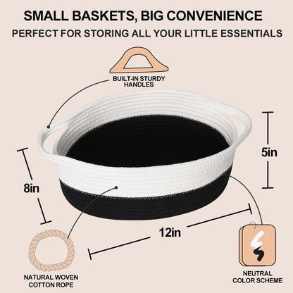 Woven Cotton Rope Gift Basket, Small Baskets for Gifts Empty, Cute Baby Nursery Basket, Pet Toy Storage Bin for Dog Cat, Decorative Wicker Home Organizer with Handles, 12"x 8"x 5", Black