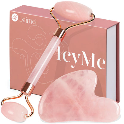 BAIMEI IcyMe Rose Quartz Roller & Gua Sha Set, Cooling Face Roller for Depuffing & Lymphatic Massage, Sculpting Tool for Face, Eyes & Neck, Smooth Skincare Gift for Women and Men