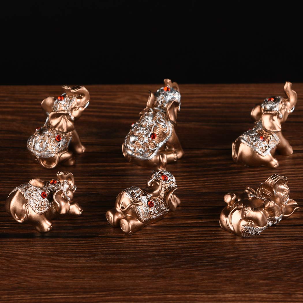 Brass Statu BRABUD Gold Resin Small Elephants Statues Home Decor Collection Gift Set of 6 BS123 (Gold)