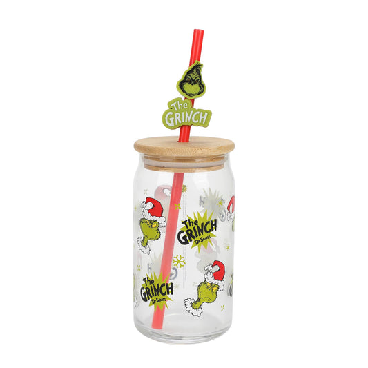 Bioworld The Grinch AOP 15 Oz. Glass Cup with Straw and Lid