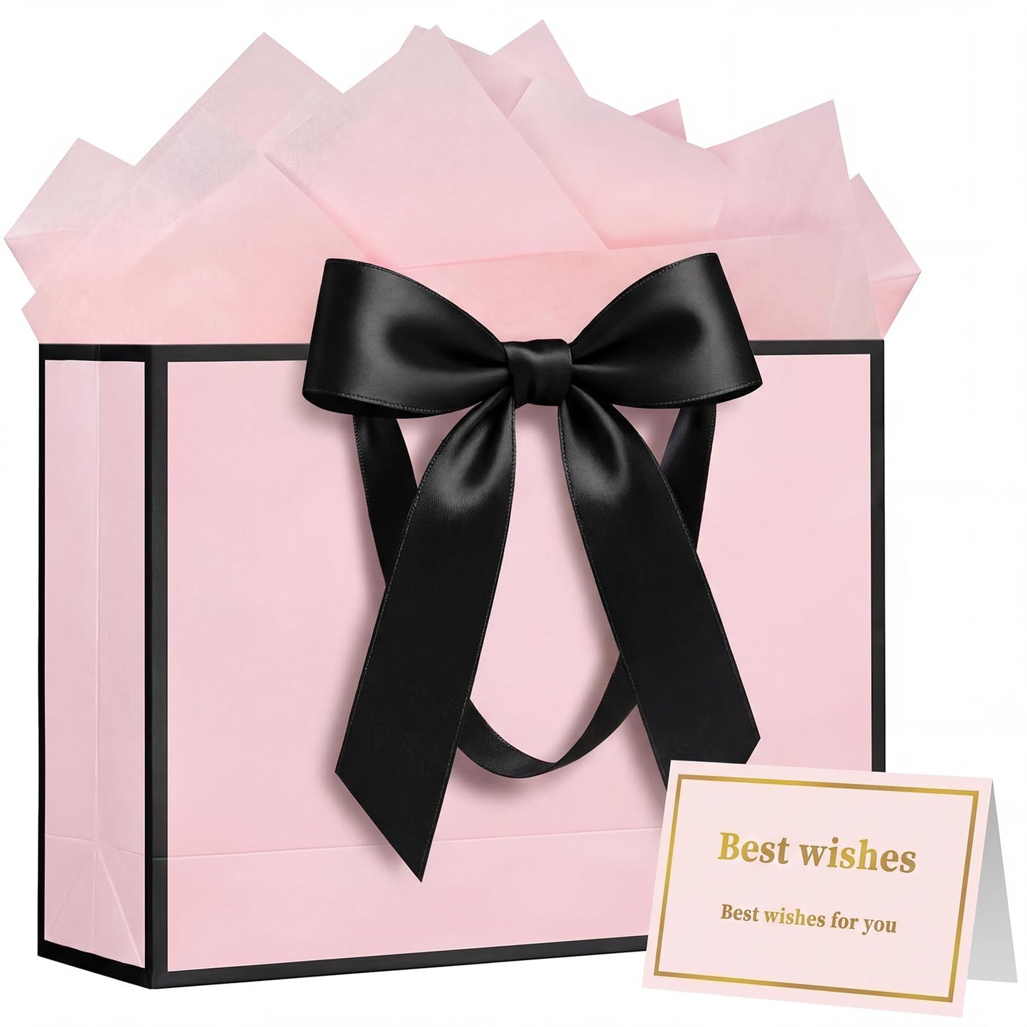 Laidans 13" Gift Bag with Handles and Bow Ribbon, Large Gift Bag with 3 Tissue Paper and 1 Card for Birthdays, Baby Showers, Wedding, Bridal Showers, Mother's Day (Light Pink)