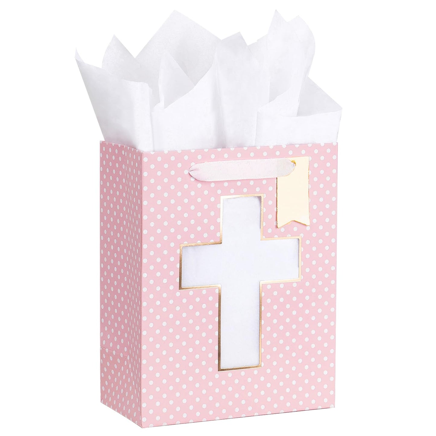 Loveinside Pink Gift Bag, Gold Foil Religious Cross and Dots Design, Gift Bag with Tissue Paper, Tag for Baby Girl Baptisms, Baby Shower, First Communion, Religious Celebrations, 7" x 4" x 9", 1 Pcs