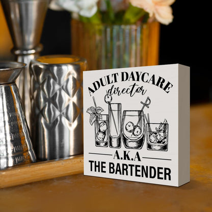 Funny Bartender Gifts for Women Men, Bartender Mixologist Christmas Birthday Gift Farmhouse Home Bar Cart Table Decor Wooden Sign, Adult Daycare Director Aka The Bartender
