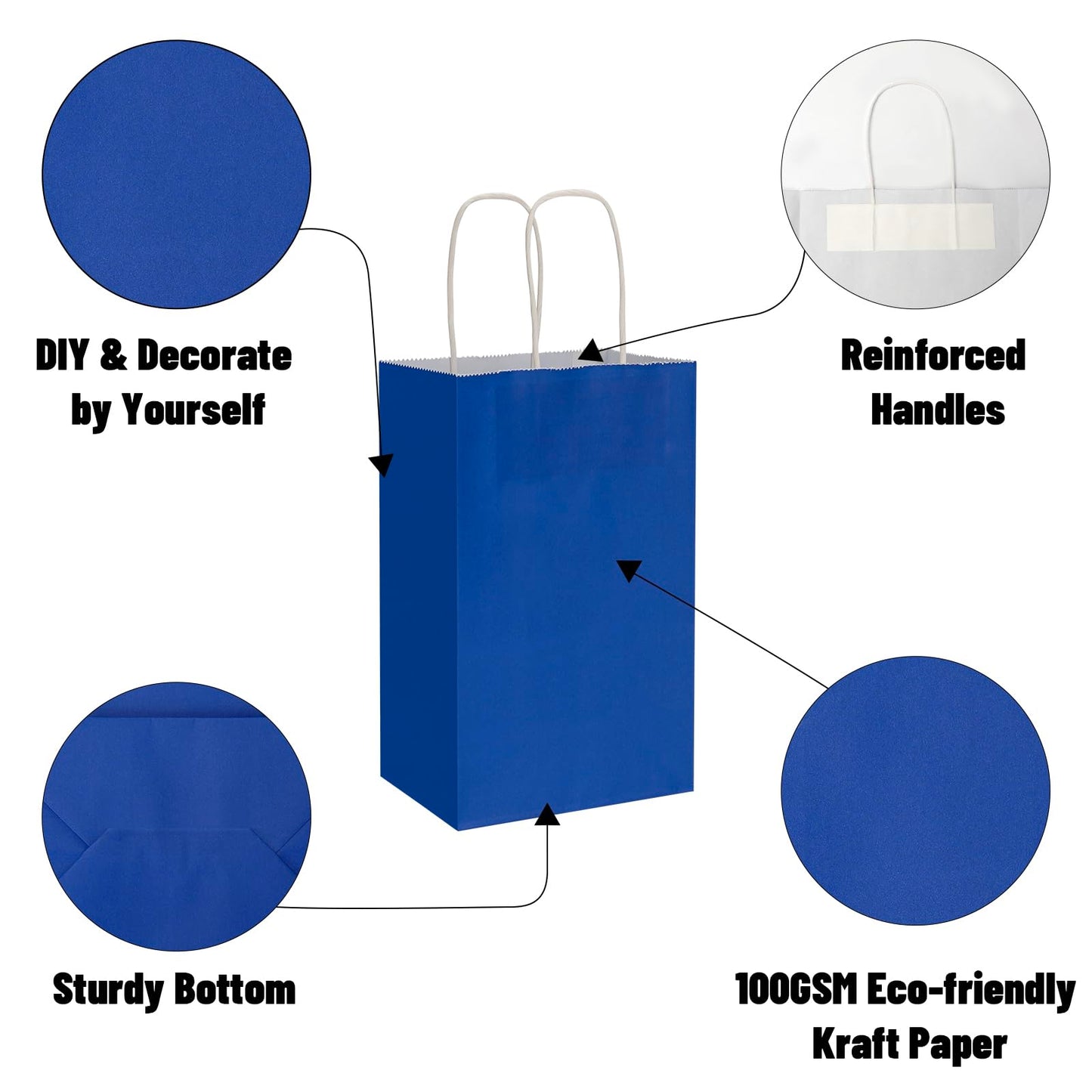 100 Pack 5.25x3.25x8.25 Inch Small Royal Blue Kraft Paper Bags with Handles Bulk, Toovip Gift Wrap Bags for Favor Grocery Retail Party Birthday Shopping Business Goody Craft Merchandise Take Out Sacks