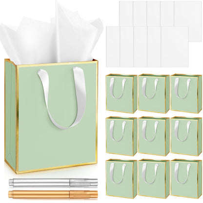 Yeaqee 10 Pack Metallic Paper Gift Bags with Handle Tissue Paper Thank You 5 Senses Gift Bag for Birthday Wedding Baby Shower Groomsmen Bridal Graduation Party Favor 9 x 7 x 3.15''(Sage Green,Gold)