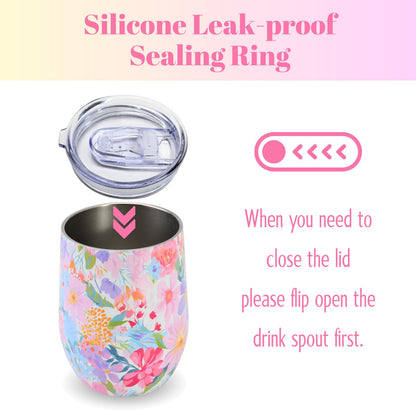 12oz Vacuum Insulated Wine Tumbler, Stainless Steel Flower Cup with Lid, Womens Birthday Friendship Gifts for Friend Coworkers Teacher Sister Girlfriend Her, Mothers Day Gifts for Mom