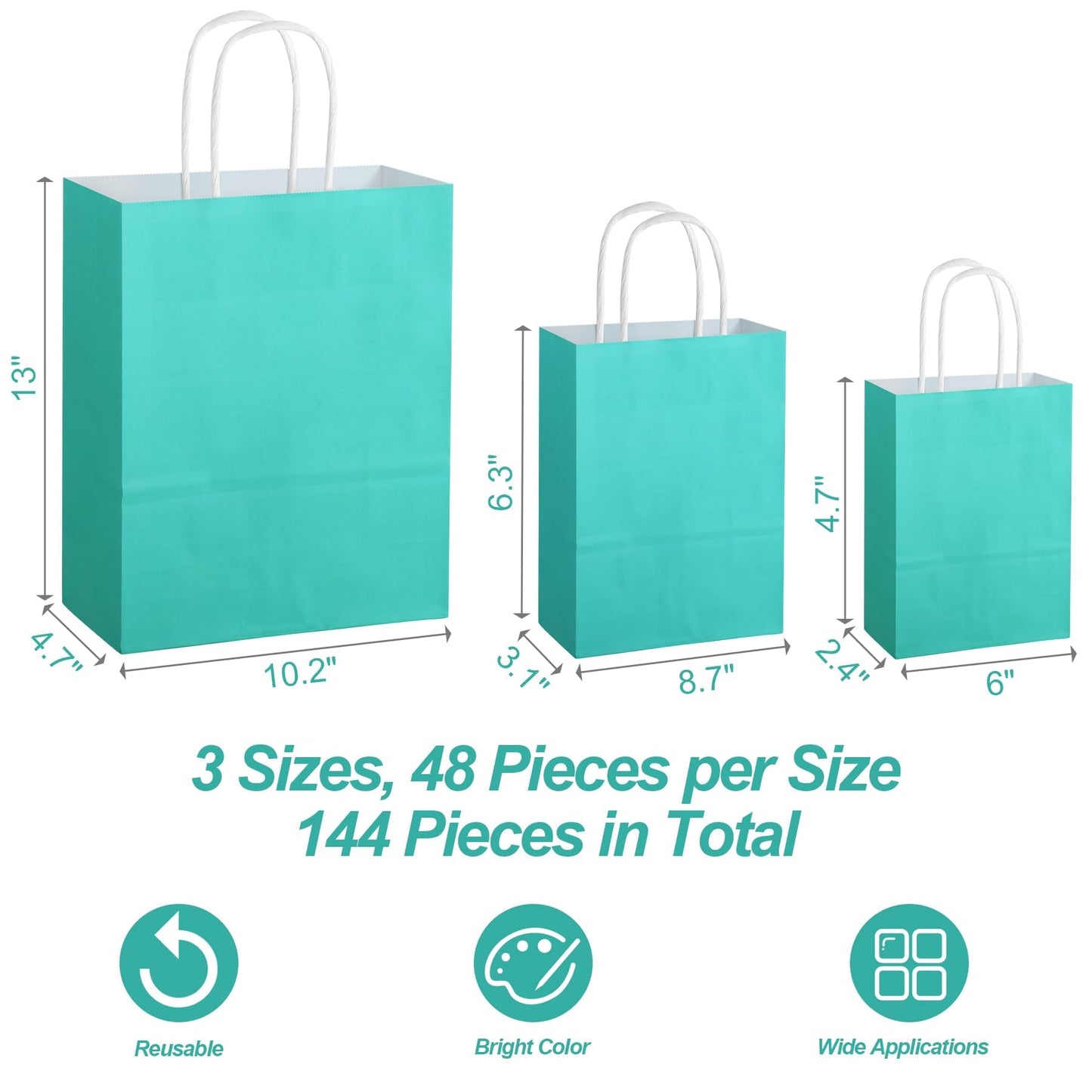 MIMIND 144 Pieces Teal Blue Gift Bags with Handles Assorted Sizes Mint Turquoise Paper Goodie Bags Bulk Party Favor Bags Supplies Baby Shower Birthday Wedding Engagement Bridal