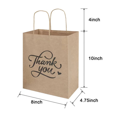 bagmad 100 Pack 8x4.75x10 Inch Medium Brown Paper Gift Bags with Handles Bulk, Thank You Kraft Paper Bags for Party Favors Grocery Retail Shopping Wedding Craft Sacks (Plain Natural, 100pcs Count)